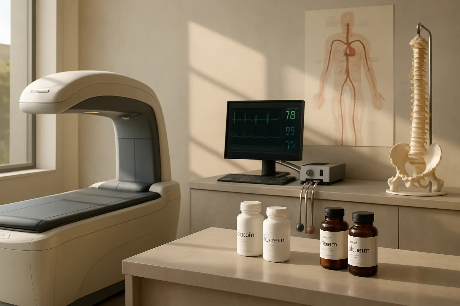 Ambiente de clínica contemporânea com equipamentos de densitometria óssea e monitoramento cardiovascular, mostrando o contexto integrado da saúde óssea e arterial relacionada à vitamina K2