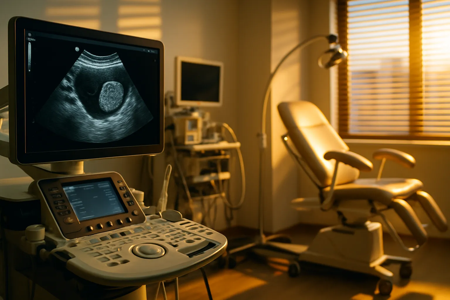 Sala de clínica contemporânea com monitor de ultrassom exibindo imagem de mioma uterino, equipamento de diagnóstico ginecológico e iluminação natural dourada