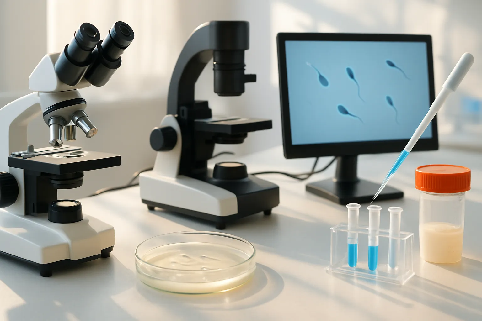 Equipamento de laboratório para análise de espermatozoides mostrando avaliação de qualidade espermática, contagem e motilidade afetadas pela varicocele