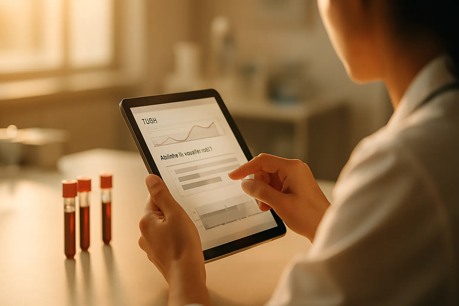 Profissional de saúde analisando resultados de exame de TSH em tablet, com tubos de sangue ao fundo em laboratório moderno