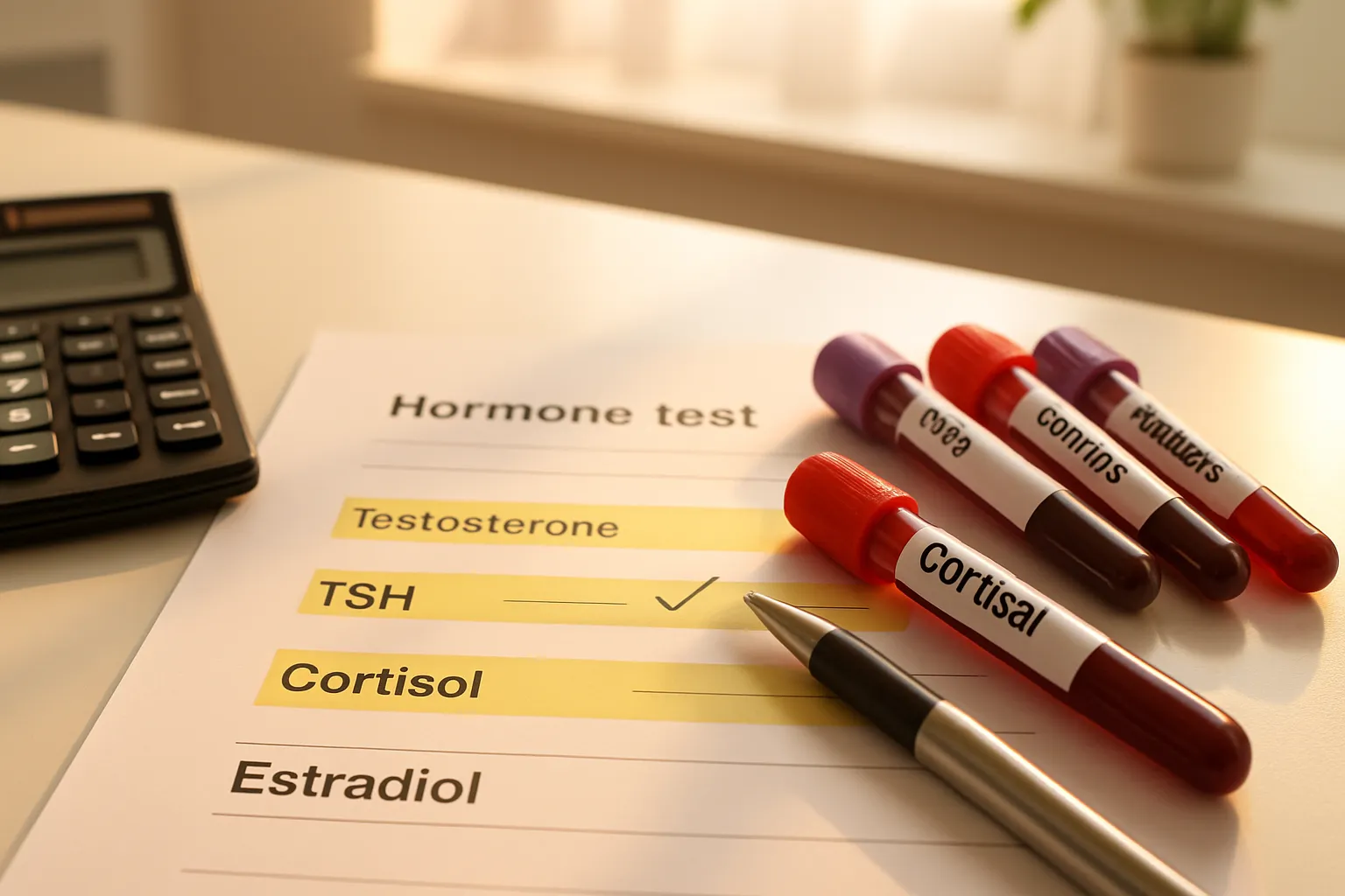 Resultados de exames hormonais com faixas de referência destacadas, tubos de sangue e calculadora sobre mesa de clínica contemporânea