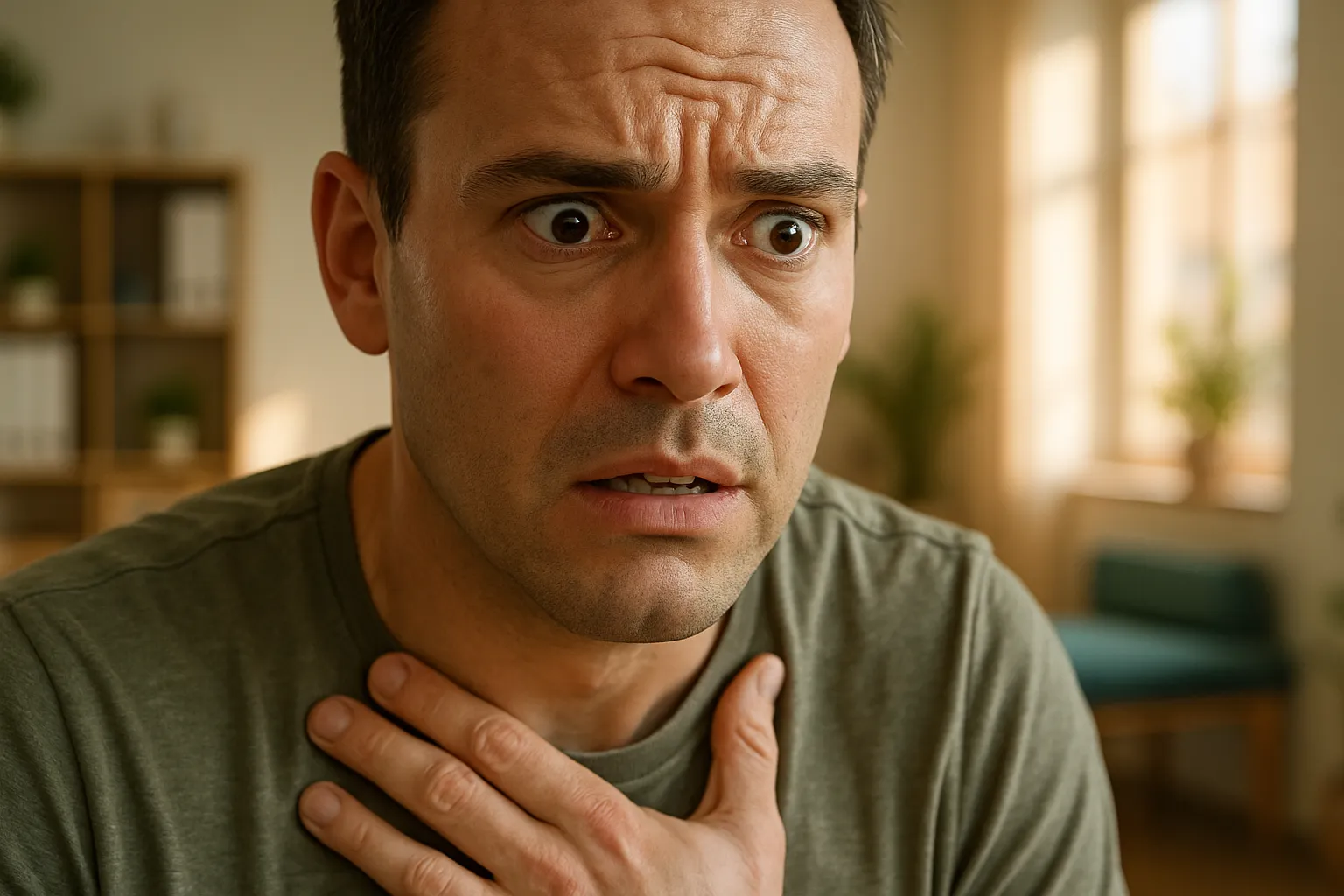 Close-up de pessoa com sinais visíveis de ansiedade mostrando tensão facial e hiperativação do sistema nervoso, ilustrando os sintomas que a taurina ajuda a modular