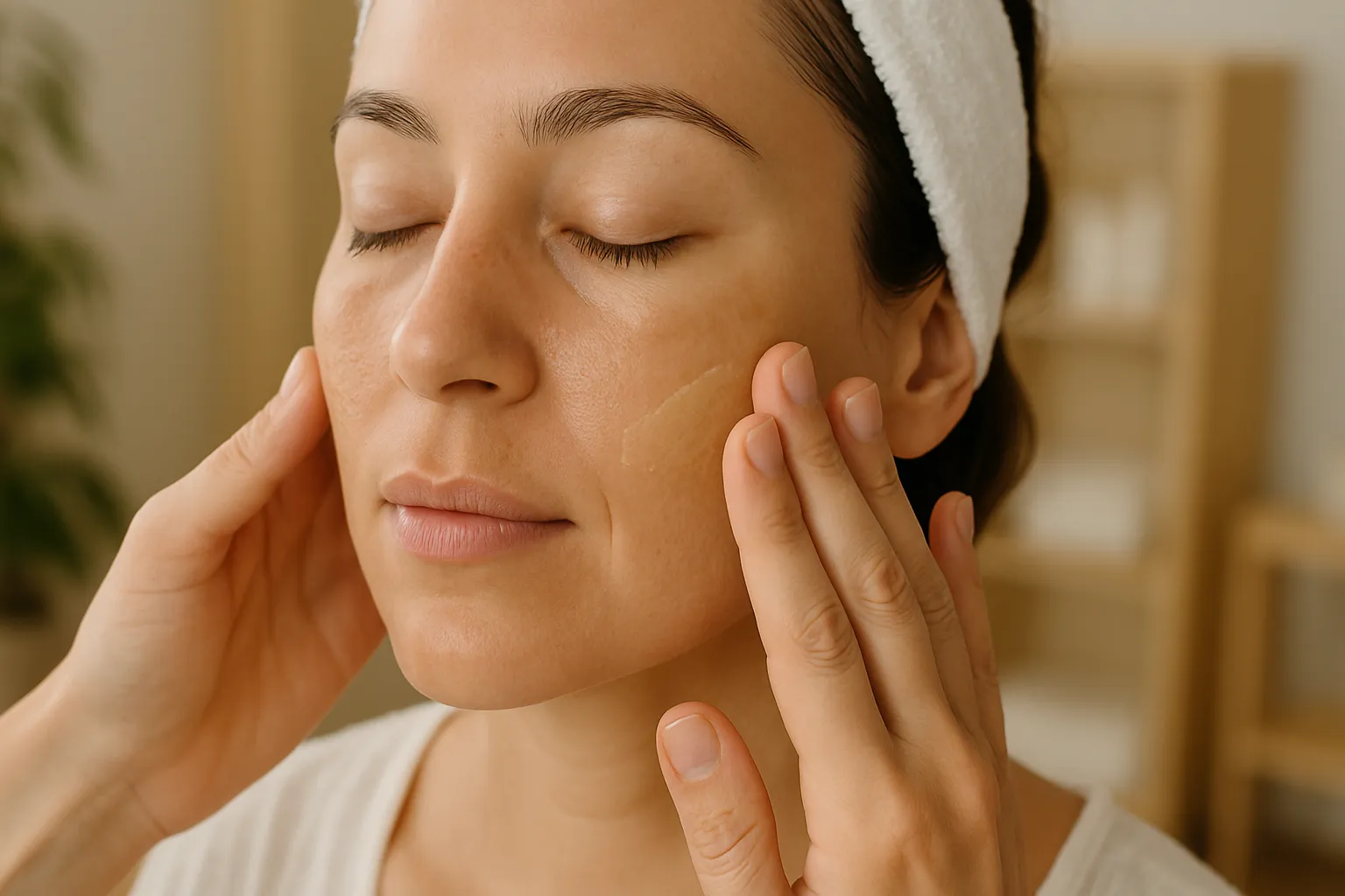 Aplicação de protetor solar com cor no rosto de mulher com manchas de melasma visíveis nas maçãs do rosto, demonstrando técnica de proteção contra hiperpigmentação