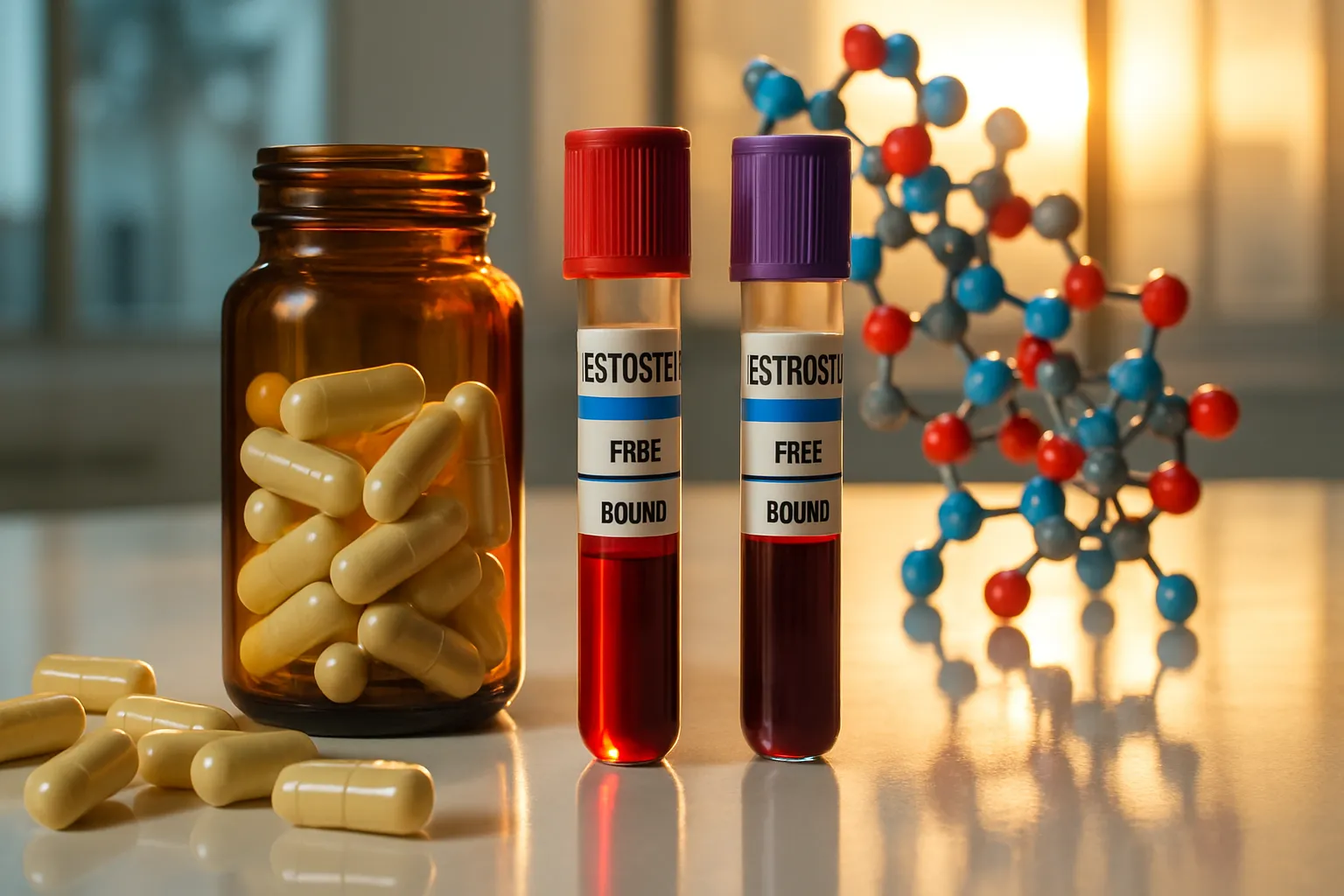 Suplementos de boro dispostos com tubos de teste hormonal mostrando níveis de testosterona e estrogênio livre versus ligado, representando a regulação hormonal pelo mineral