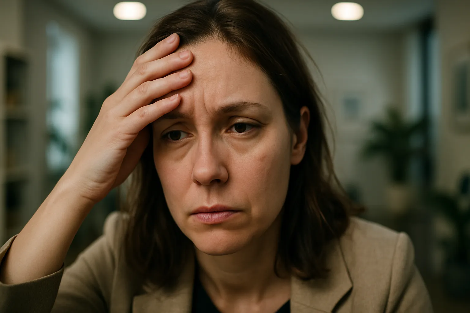 Mulher demonstrando sinais visíveis de brain fog e fadiga cognitiva com expressão de confusão mental