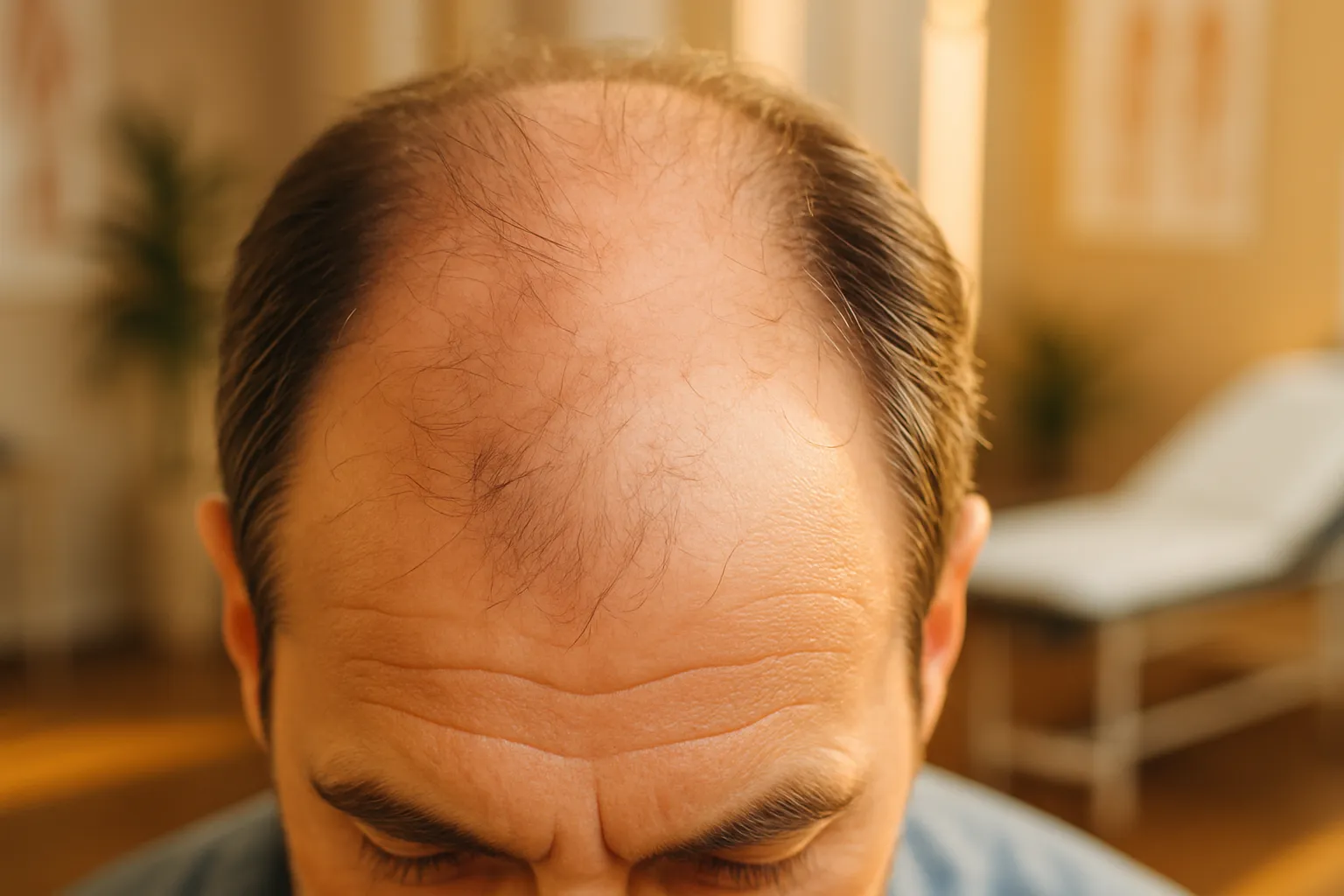 Close-up detalhado de couro cabeludo masculino mostrando padrão característico de calvície androgenética com afinamento capilar e miniaturização dos folículos causada por DHT