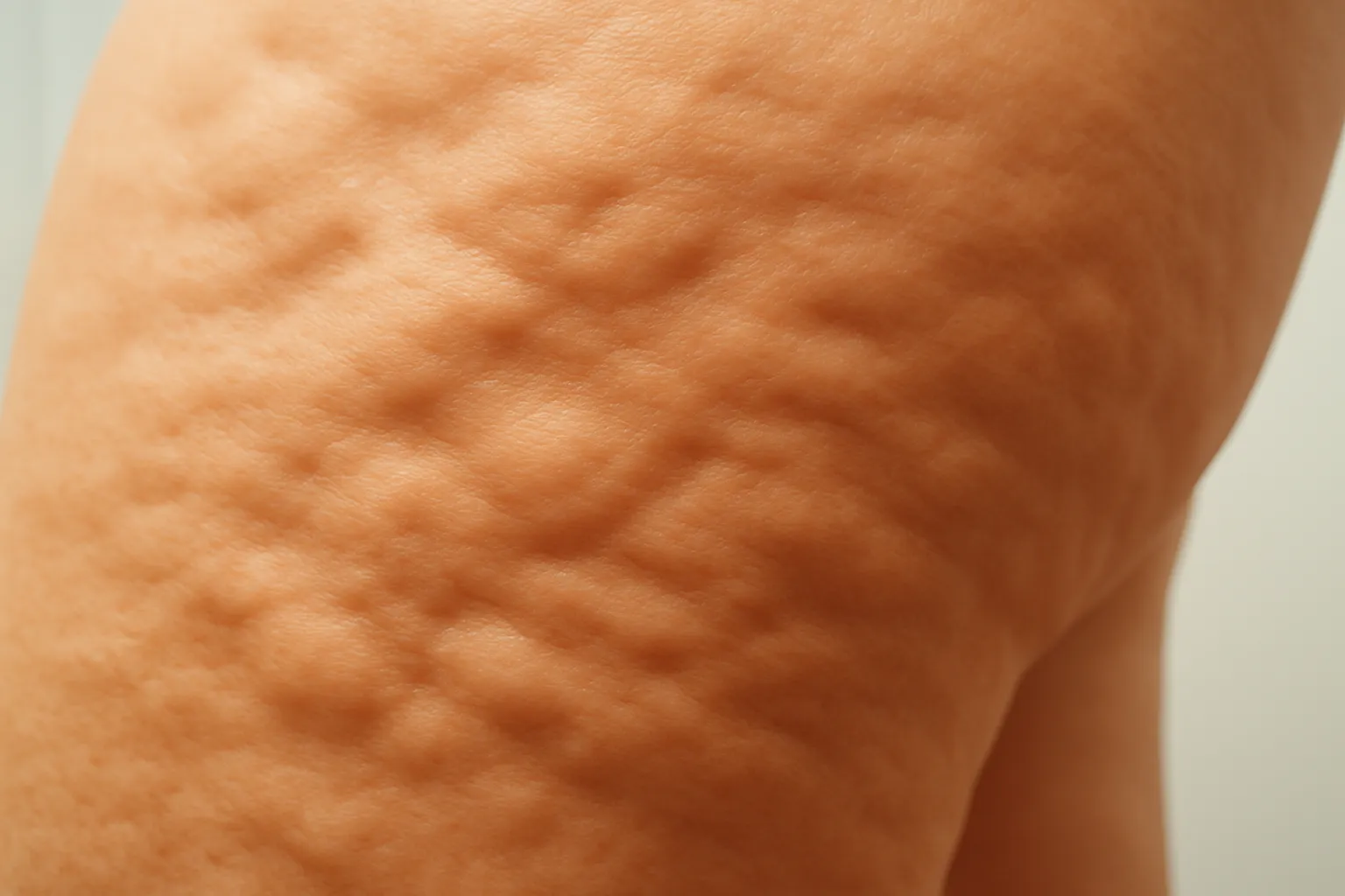Close-up detalhado da textura da celulite na pele mostrando os característicos furinhos e irregularidades superficiais