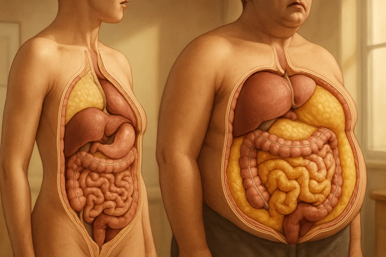 Visualização médica comparativa mostrando a diferença entre gordura subcutânea superficial e gordura visceral profunda ao redor dos órgãos abdominais