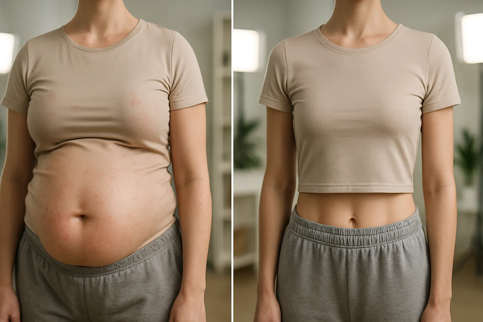 Comparação visual antes e depois mostrando abdômen inflamado versus abdômen recuperado após protocolo de eliminação alimentar