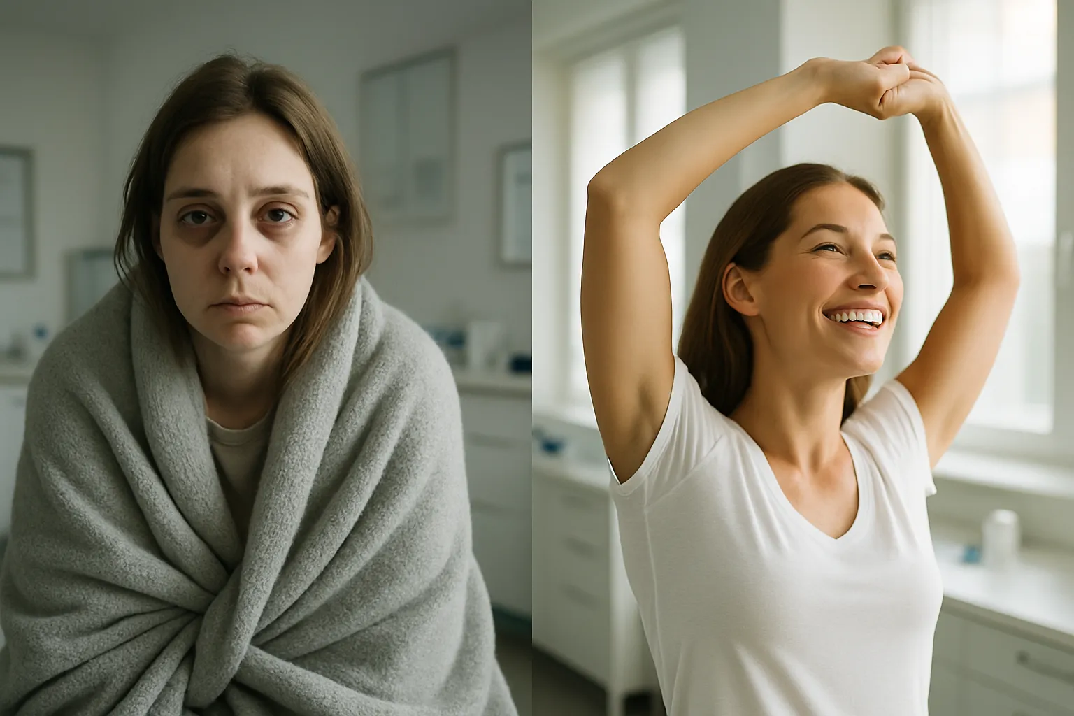 Comparação visual mostrando os efeitos da deficiência versus níveis ótimos de vitamina D na mesma pessoa