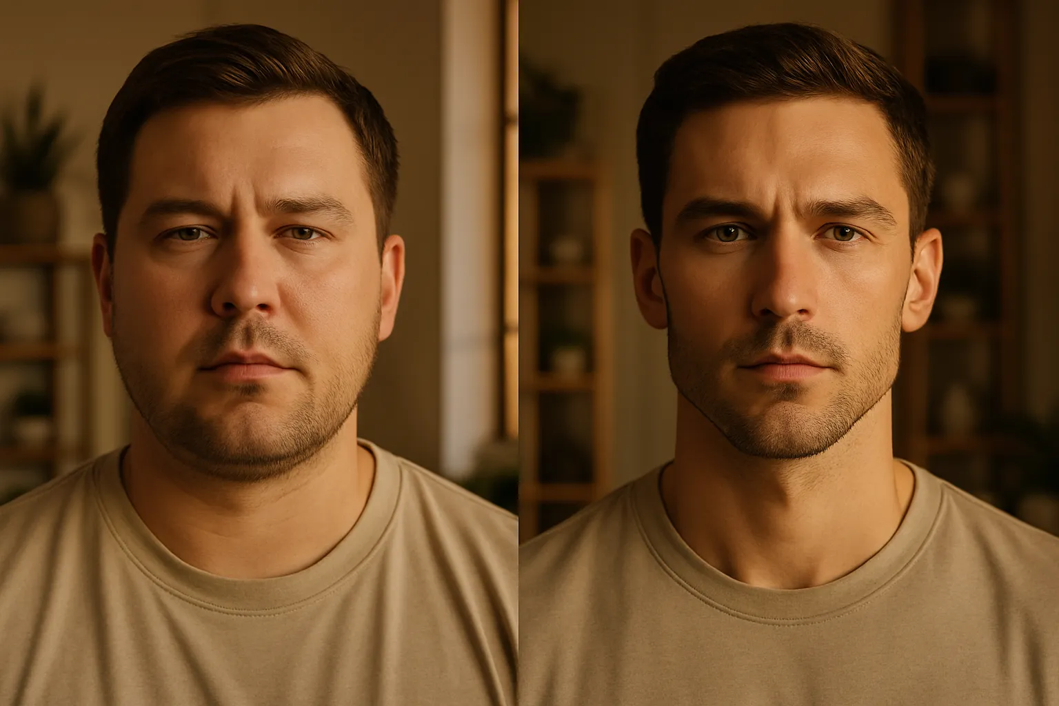 Comparação visual mostrando face masculina com retenção de líquidos à esquerda versus face definida sem inchaço à direita, ilustrando o impacto do desequilíbrio de estrogênio em homens