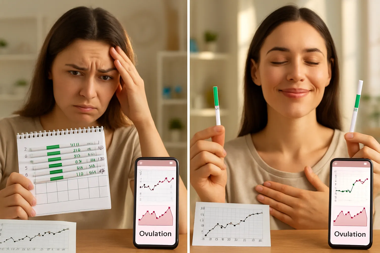 Comparação visual entre testes de ovulação negativos em ciclo irregular e teste positivo tardio, mostrando a diferença entre ovulação esperada e ovulação tardia