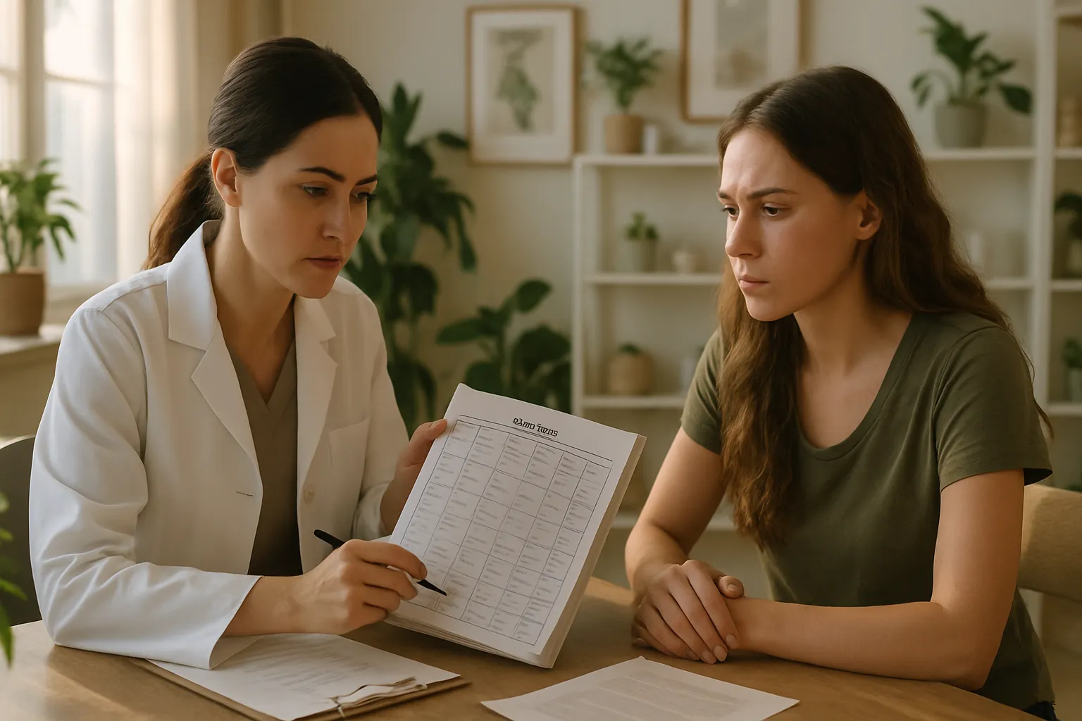 Nutricionista especializada em saúde hormonal analisando diário alimentar com paciente durante consulta para identificar padrões que afetam equilíbrio hormonal