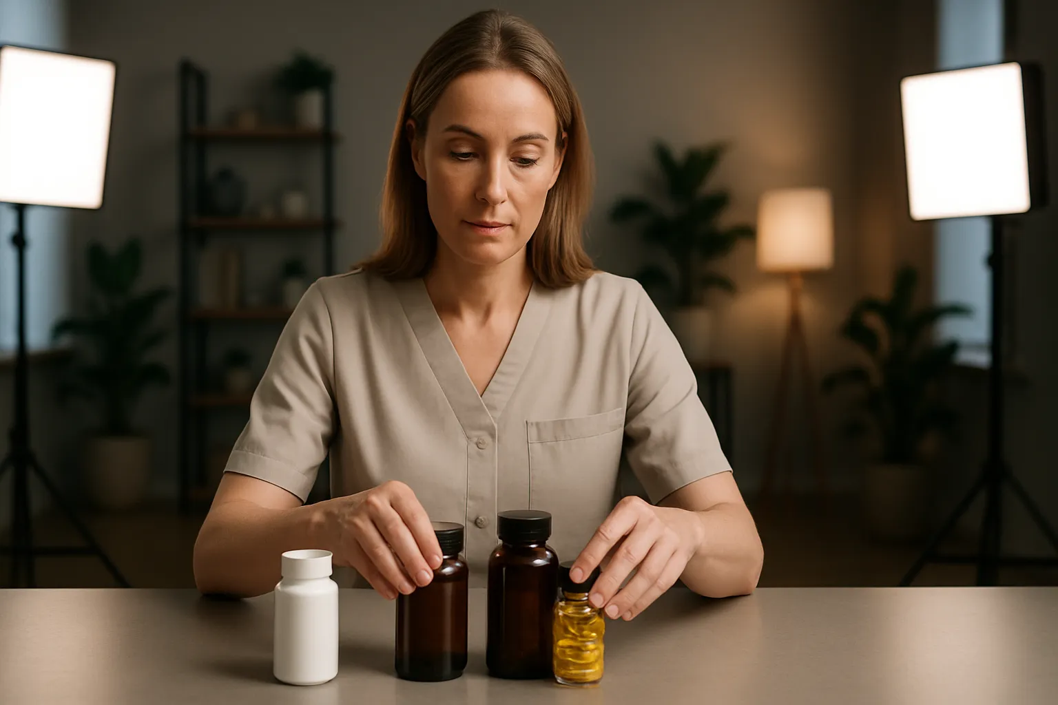 Profissional de saúde organizando protocolo personalizado de suplementos essenciais (vitamina D, ômega-3 e magnésio) durante consulta de wellness para paciente acima dos 40 anos