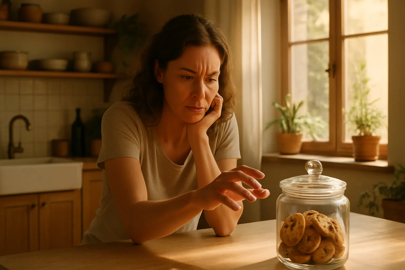 Mulher em casa lutando contra compulsão por doces, ilustrando sintomas de desequilíbrio glicêmico relacionado à deficiência de cromo