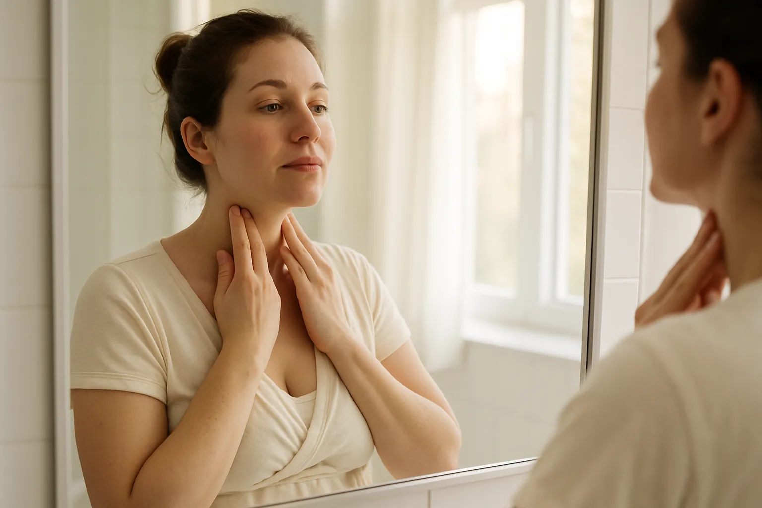 Mãe recente realizando autoexame da tireoide no pescoço em frente ao espelho, demonstrando técnica de palpação para detecção de alterações tireoidianas pós-parto