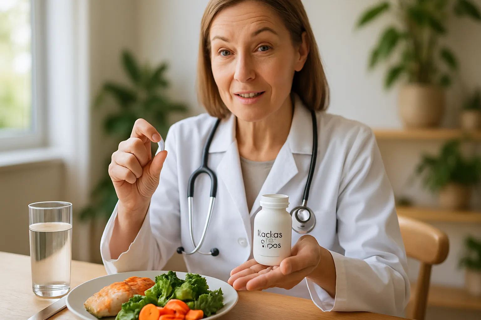 Profissional de saúde demonstrando o momento correto de tomar acarbose junto com refeição balanceada para controle glicêmico