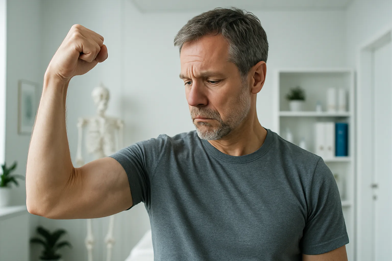 Pessoa acima de 40 anos frustrada observando braço com pouca definição muscular apesar do treino