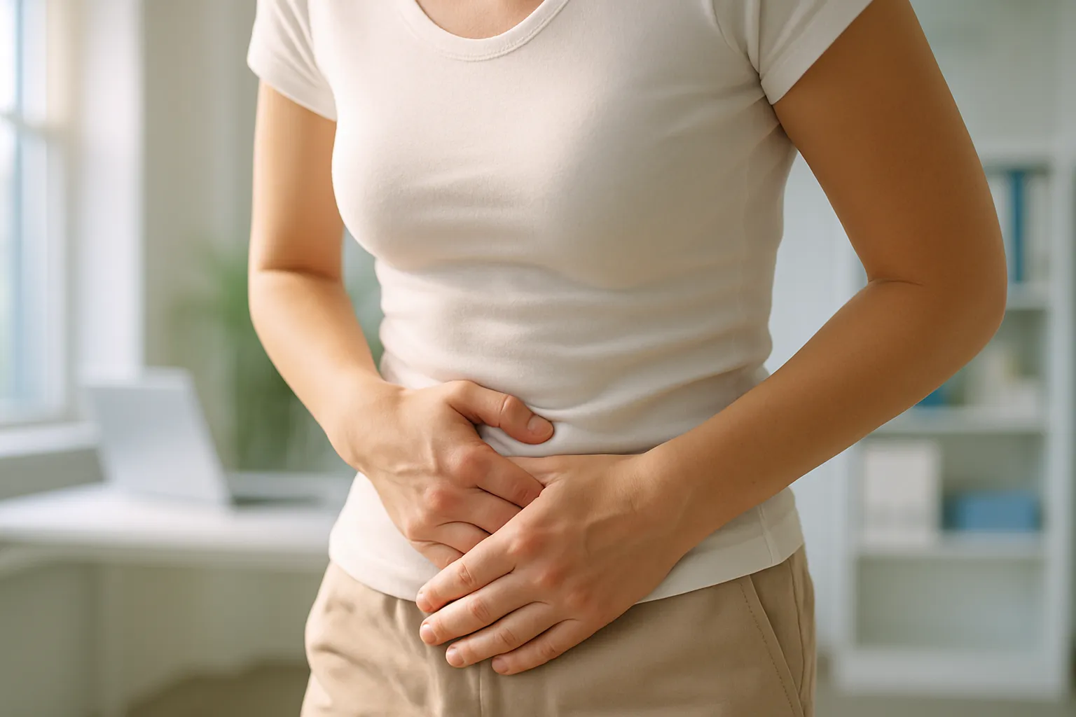 Mulher demonstrando dor pélvica crônica característica da endometriose, com expressão de desconforto visível