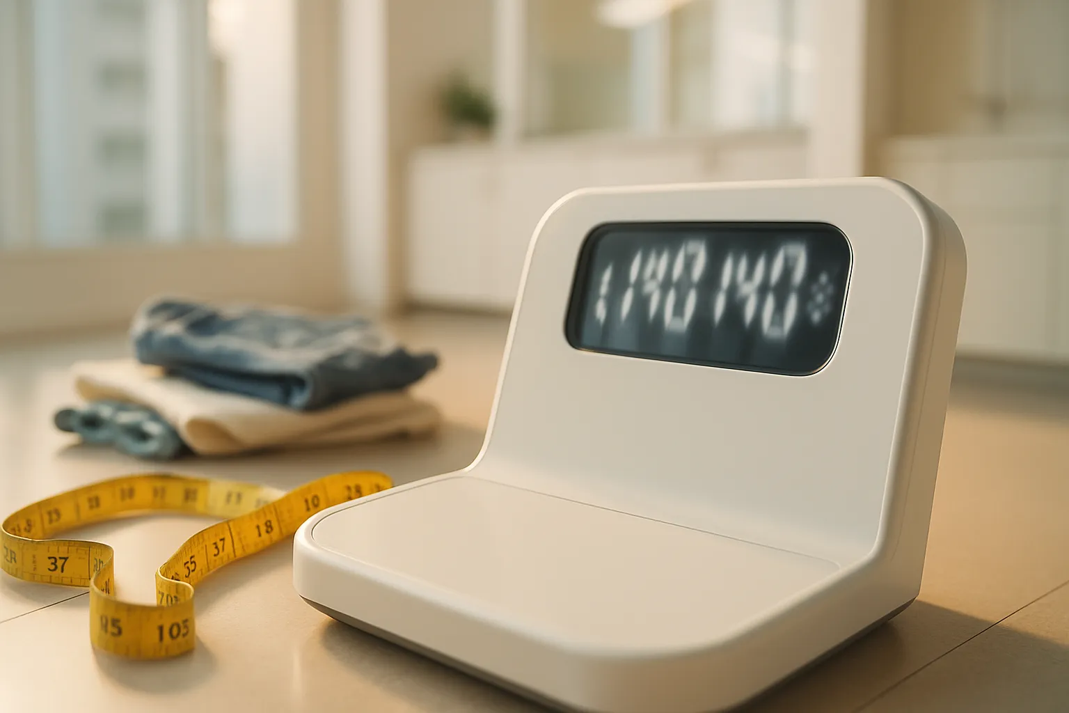 Balança mostrando flutuação de peso com fita métrica e roupas menores ao fundo, representando visualmente o ciclo do efeito sanfona