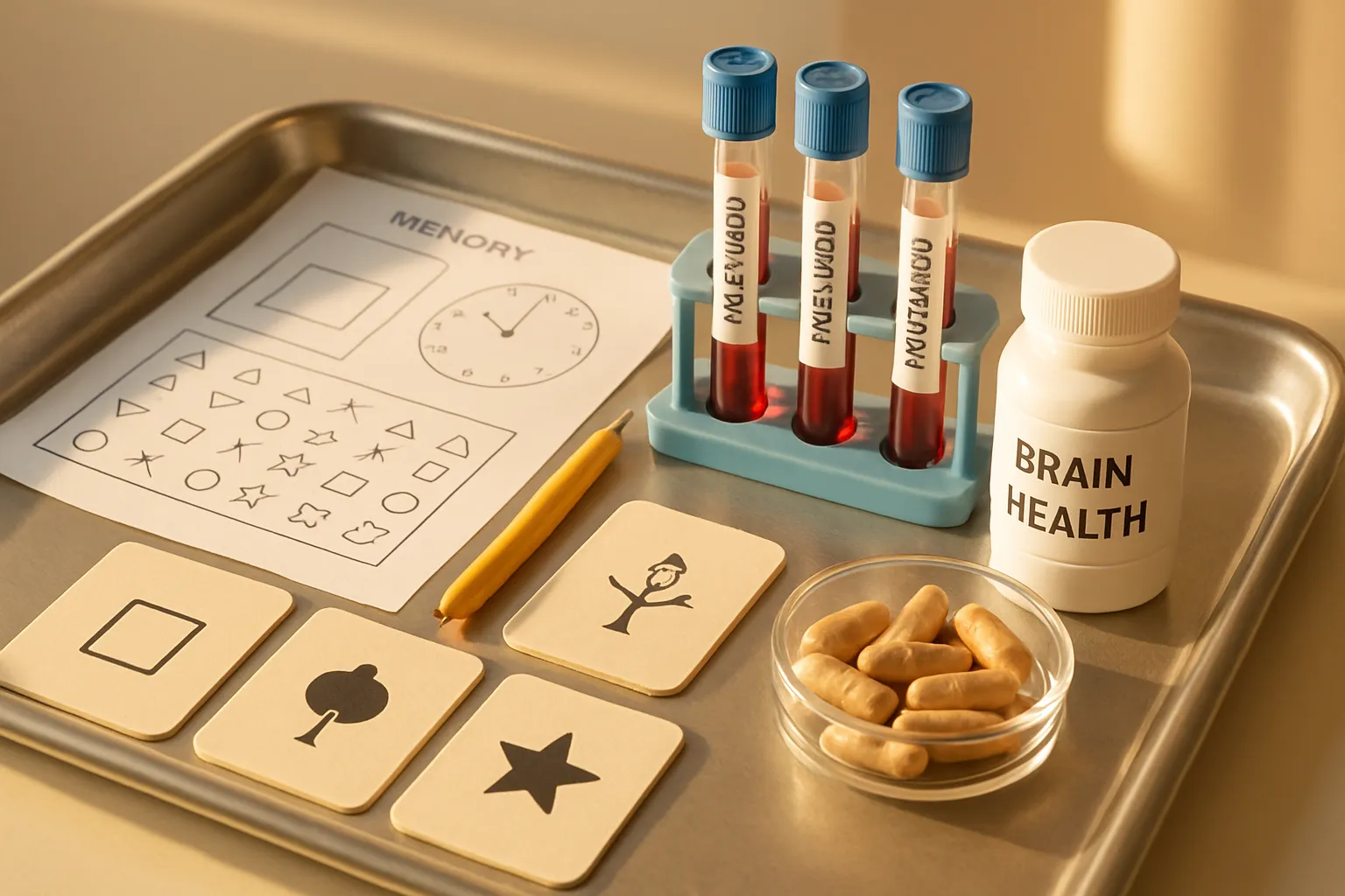 Ferramentas médicas para avaliação de memória e testes hormonais de estrogênio dispostos em ambiente clínico