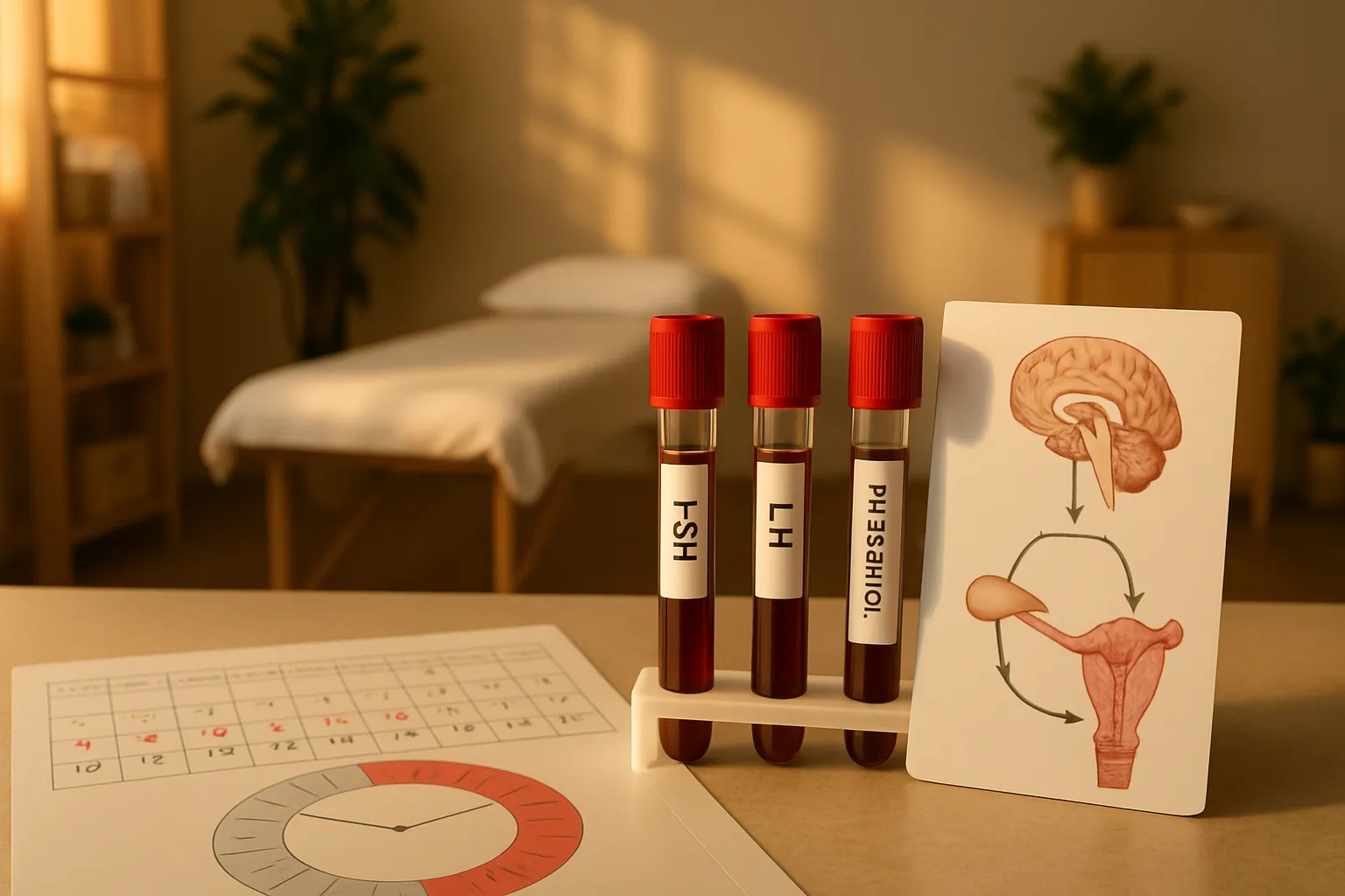 Kit diagnóstico para amenorreia hipotalâmica com tubos de teste hormonal FSH, LH, estradiol e progesterona, calendário de ciclo menstrual e modelo do eixo hipotálamo-hipófise-ovário em ambiente clínico profissional