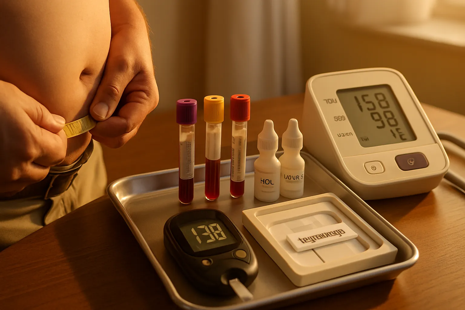 Conjunto de ferramentas diagnósticas para síndrome metabólica incluindo tubos de exame de sangue, medidor de glicose, fita métrica para circunferência abdominal e monitor de pressão arterial em ambiente médico integrativo