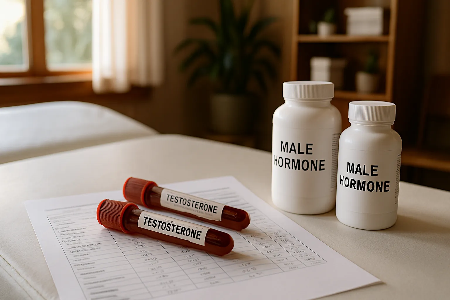 Kit de exames hormonais masculinos com tubos de testosterona, gráficos de resultados e suplementos dispostos em mesa de exame clínico com iluminação natural