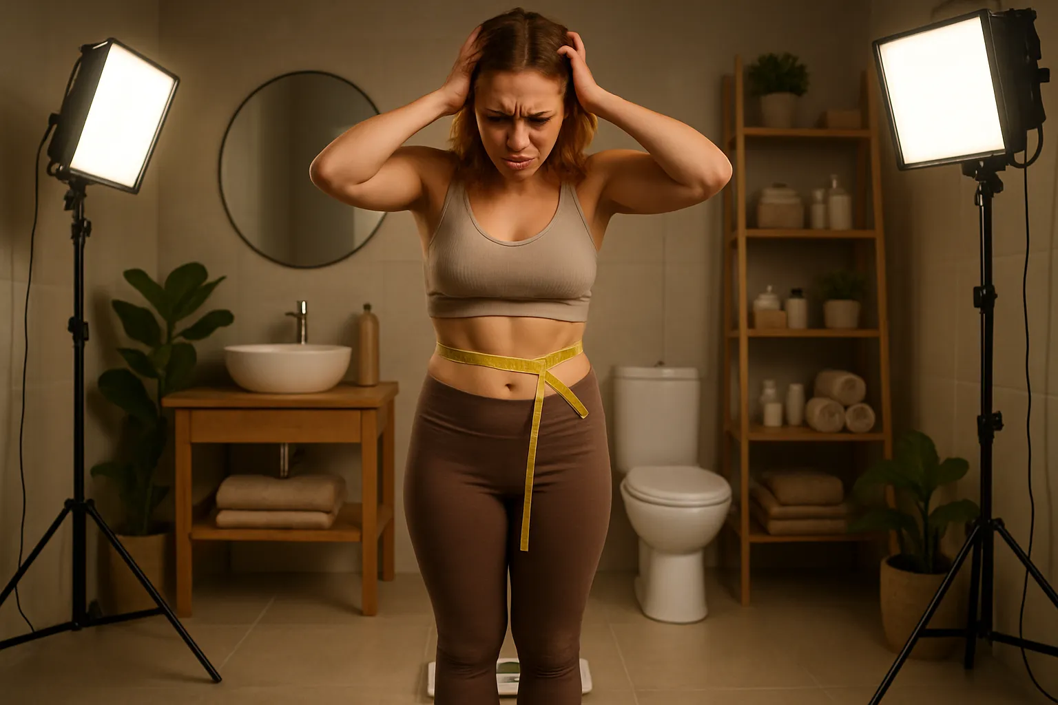 Mulher frustrada em cima da balança com fita métrica na cintura demonstrando dificuldade para emagrecer apesar dos esforços com dieta