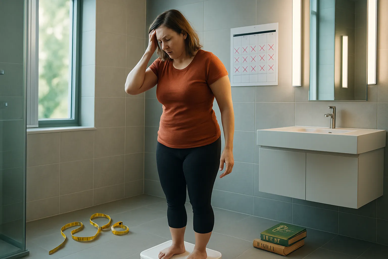 Mulher frustrada verificando balança e calendário com tentativas anteriores de emagrecimento que não funcionaram, ilustrando a necessidade de um cronograma de 90 dias estruturado