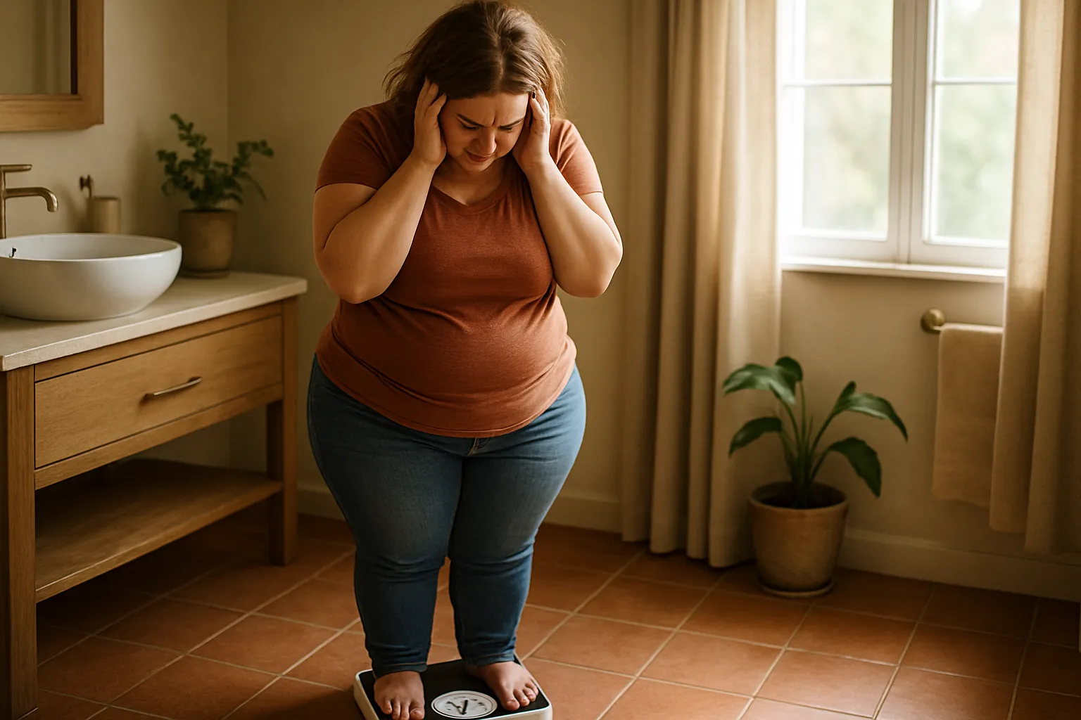 Pessoa frustrada em balança mostrando recuperação de peso perdido, representando o ciclo do efeito sanfona