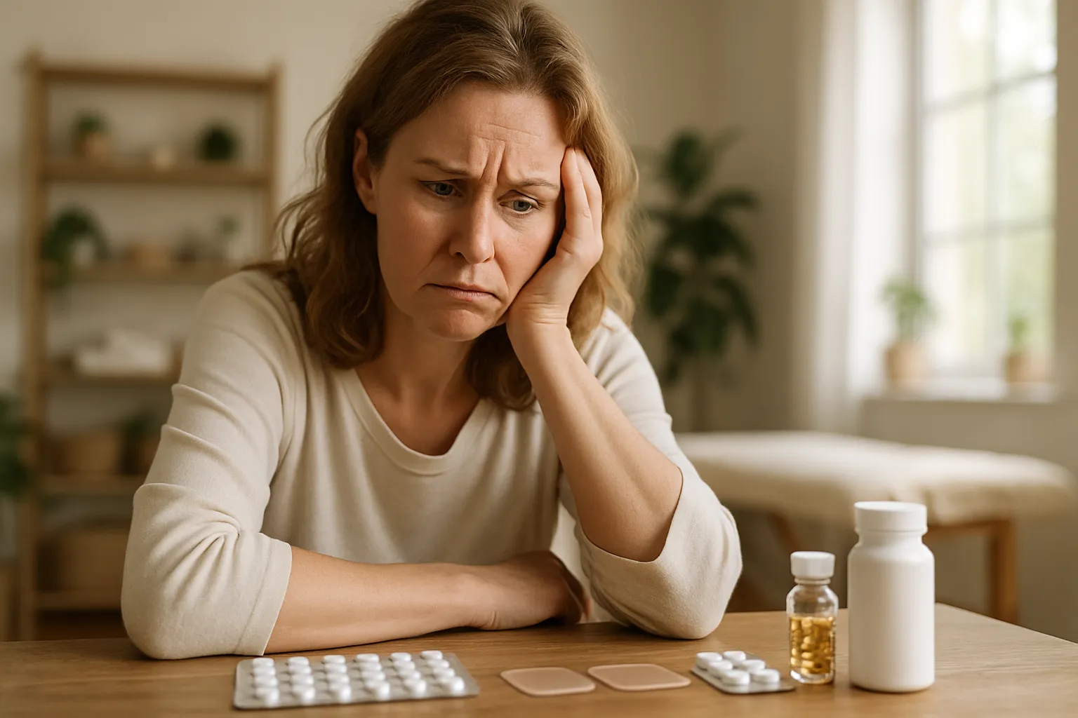 Mulher frustrada observando medicamentos de reposição hormonal com expressão de dúvida sobre resultados do tratamento