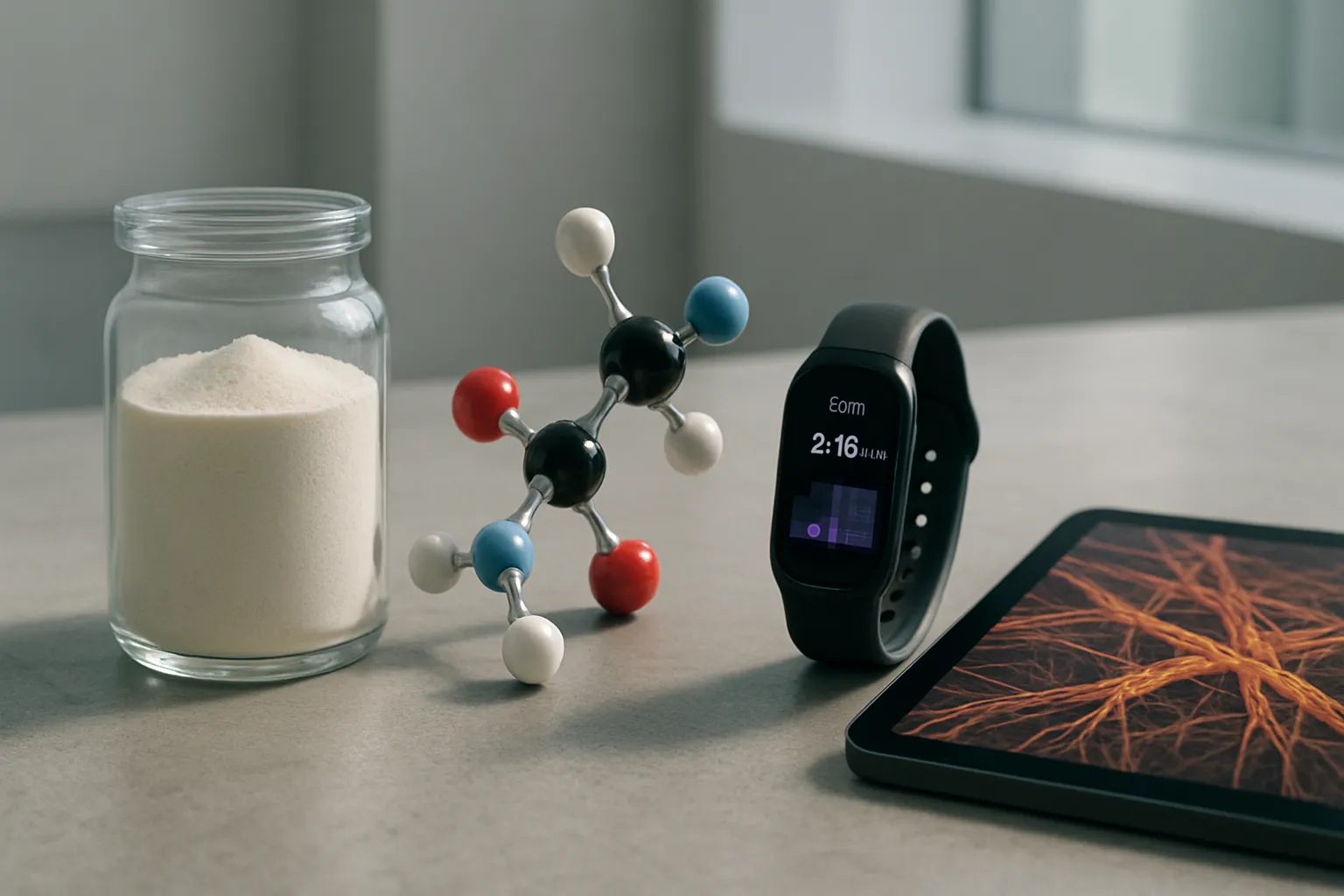 Suplemento de glicina em pó ao lado de modelo molecular e dispositivo de monitoramento de sono mostrando fases profundas, ilustrando a dupla função do aminoácido