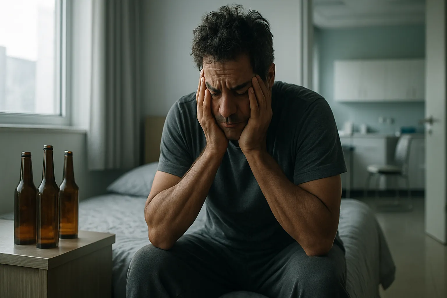 Homem de meia-idade sentado na cama ao amanhecer demonstrando exaustão profunda após consumo de álcool, evidenciando os efeitos hormonais no sono e recuperação