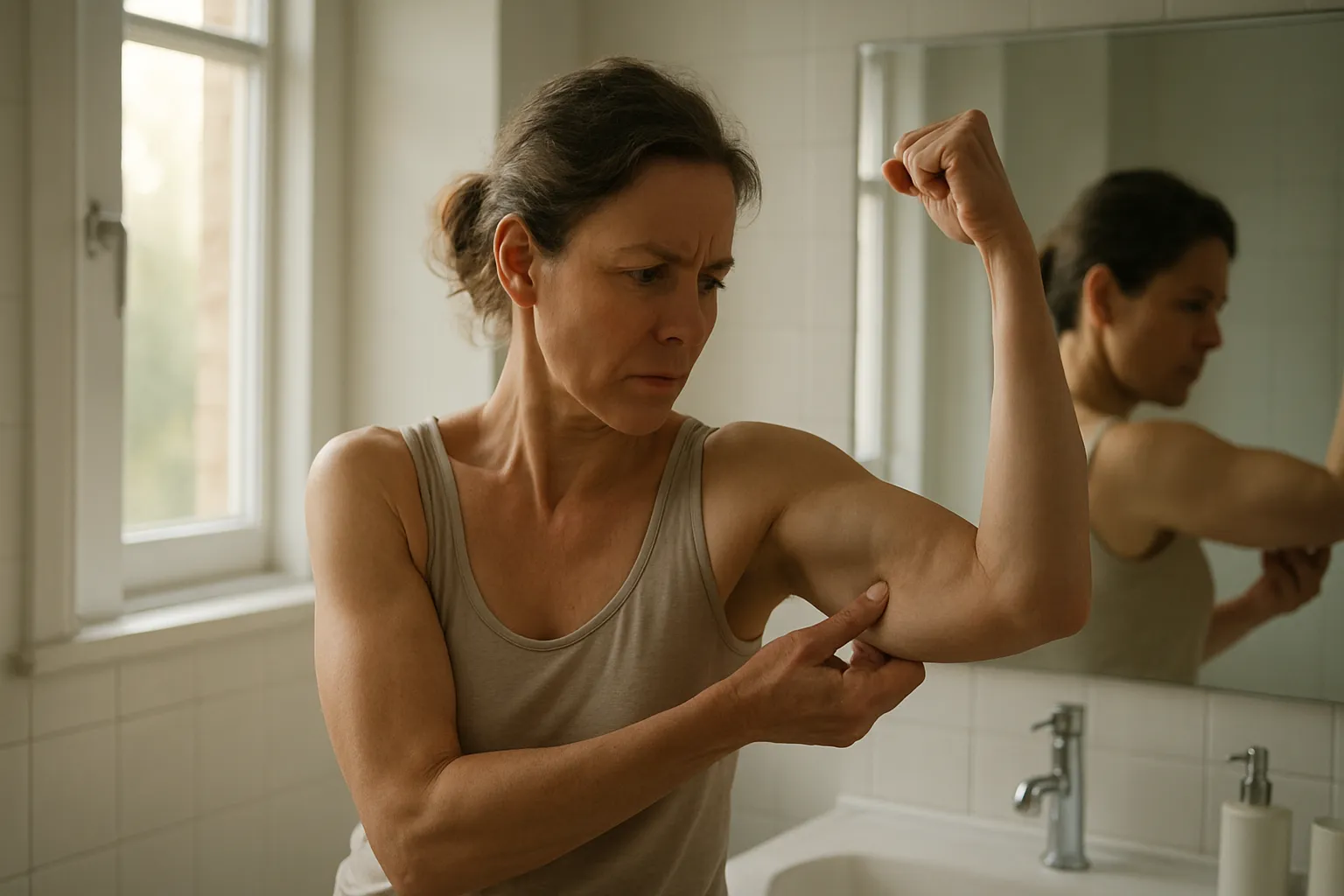 Mulher na faixa dos 40 anos examinando preocupada a definição muscular do braço no espelho, ilustrando a dificuldade de manter massa magra e firmeza com o envelhecimento hormonal