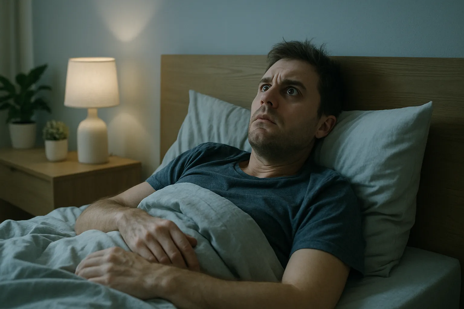 Pessoa deitada na cama às 3 da manhã com insônia, olhos abertos e expressão de frustração, ilustrando dificuldade crônica para dormir