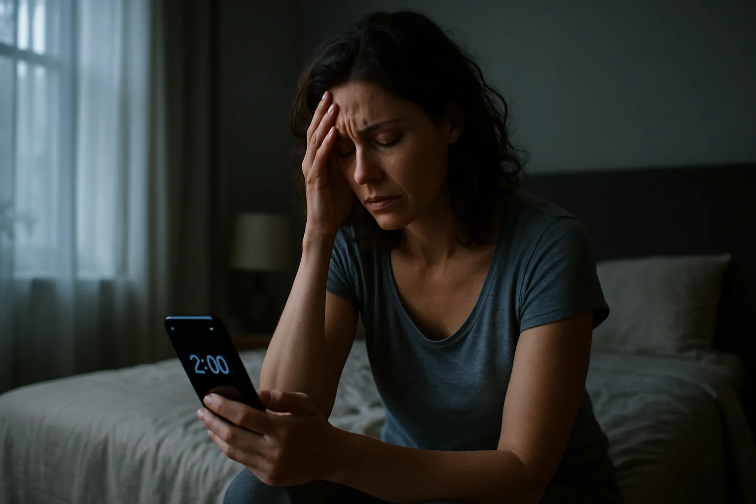 Mulher de 35 anos sentada na cama às 2h da madrugada olhando frustrada para o celular, demonstrando os efeitos do estresse crônico no sono, em quarto com luz natural suave