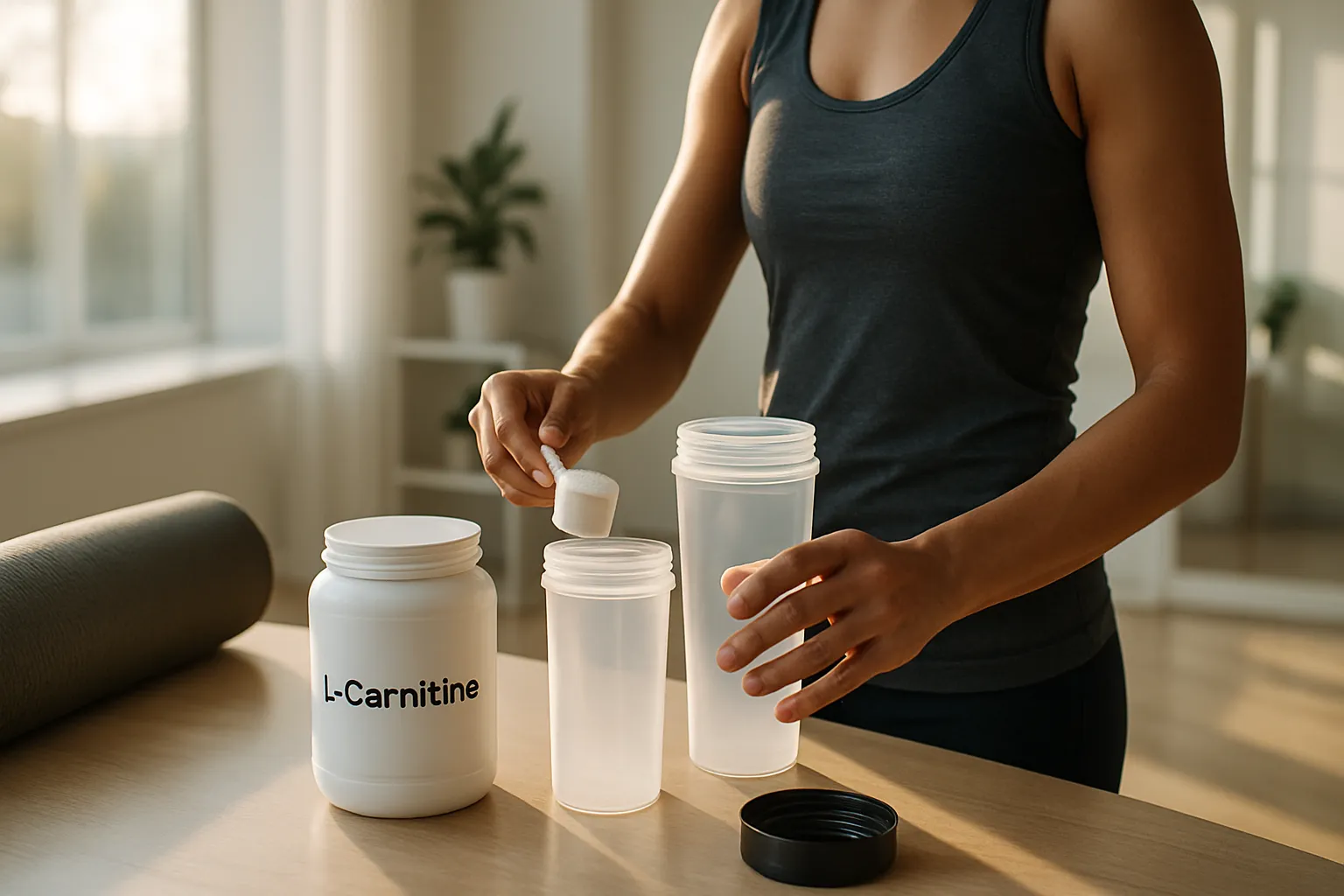 Pessoa preparando suplemento de L-carnitina antes do treino matinal em ambiente clínico contemporâneo