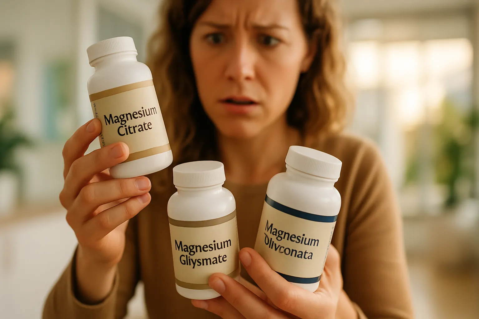Pessoa segurando múltiplos frascos de diferentes formas de magnésio, demonstrando confusão na escolha do suplemento adequado