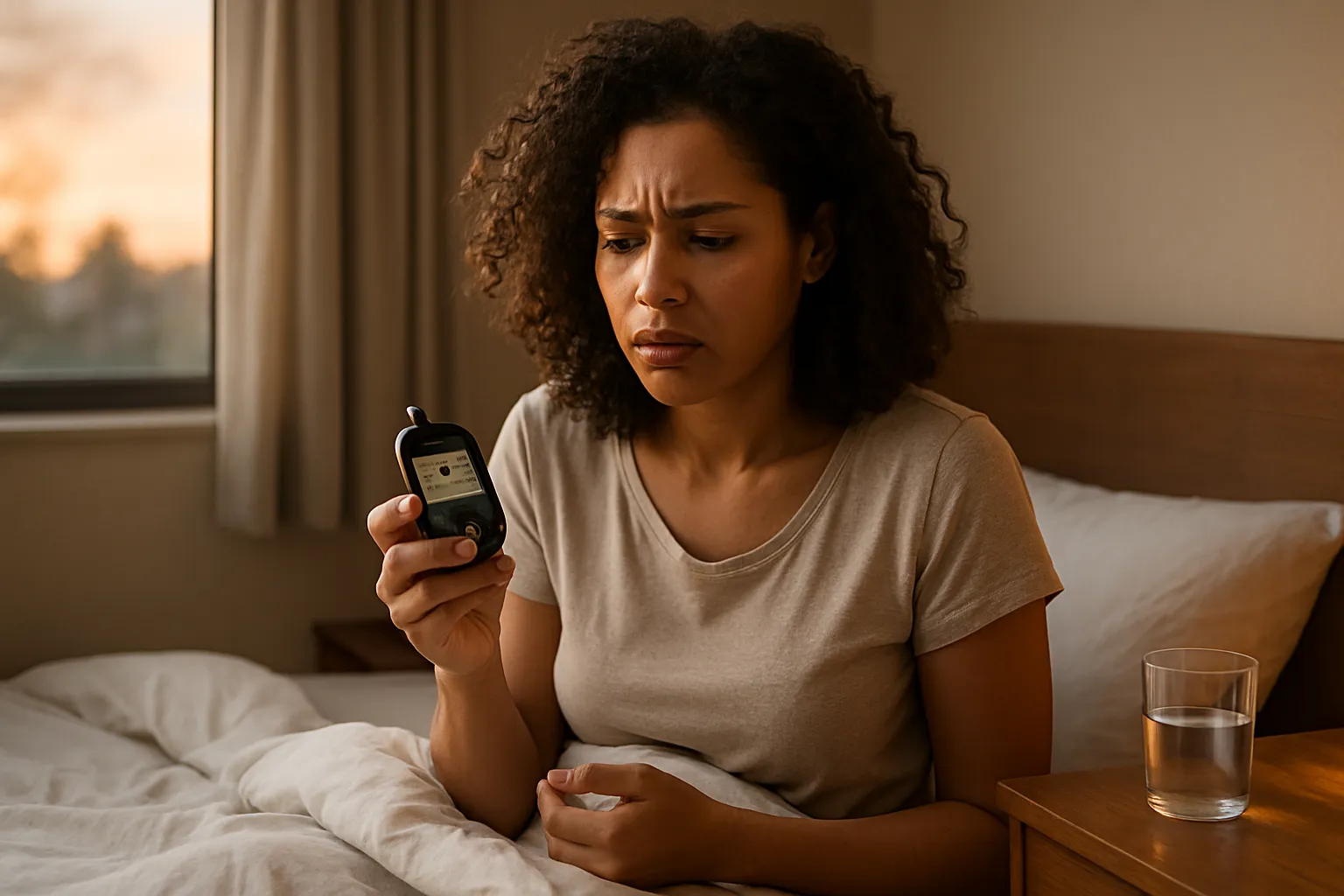 Mulher recém-acordada verificando glicosímetro com expressão de confusão ao ver resultado alto de glicemia em jejum, ilustrando o fenômeno do alvorecer metabólico