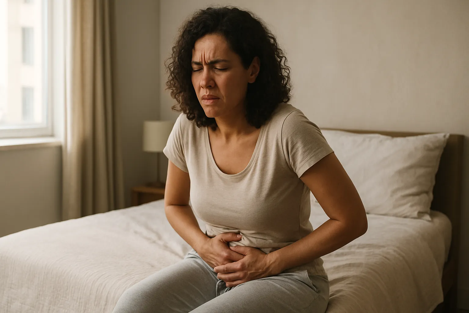 Mulher sentada na cama segurando abdômen inferior demonstrando dor pélvica intensa característica de adenomiose e endometriose