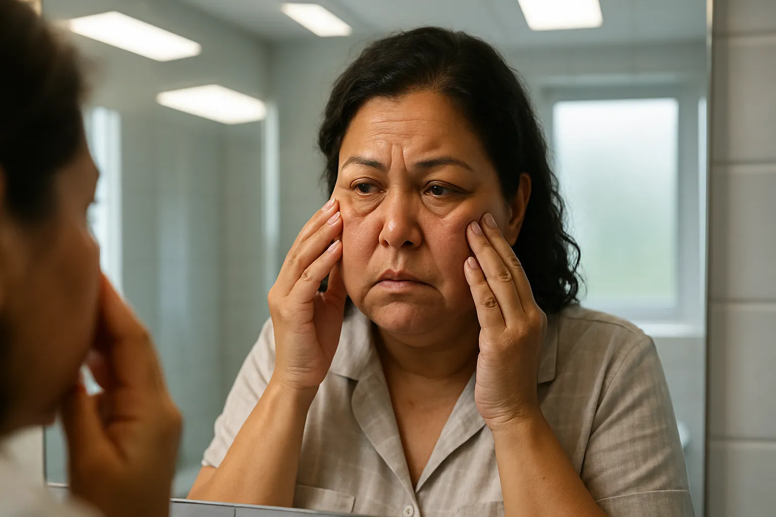 Mulher observando edema facial matinal no espelho do banheiro, tocando rosto inchado com retenção de líquidos visível