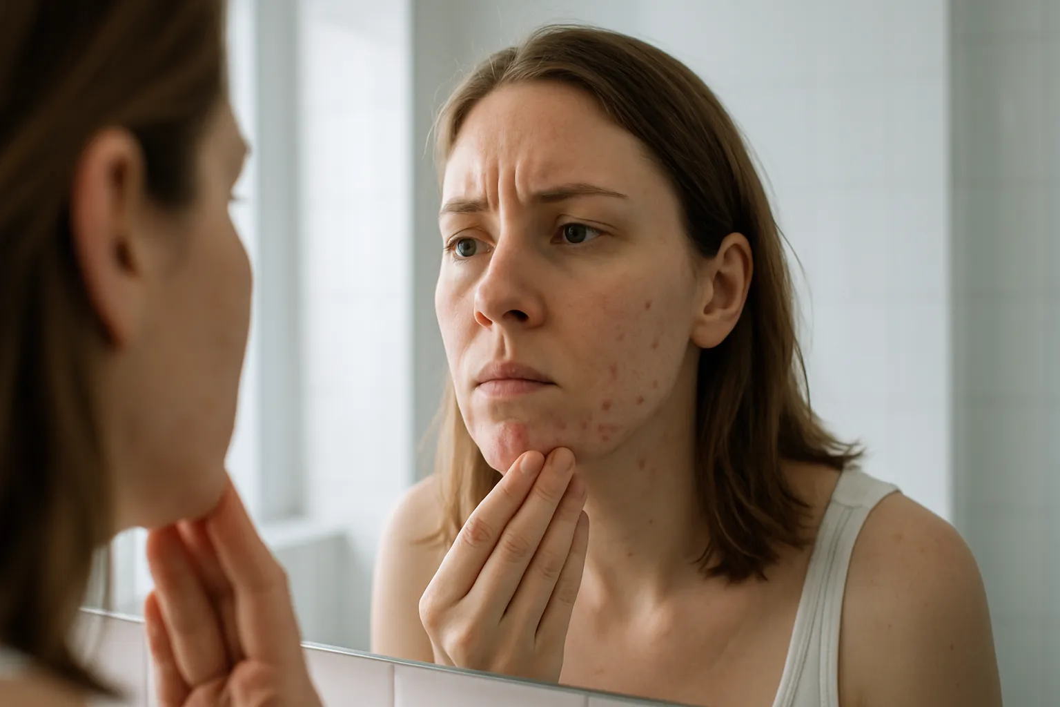 Mulher adulta examinando acne na região da mandíbula em frente ao espelho do banheiro com expressão preocupada