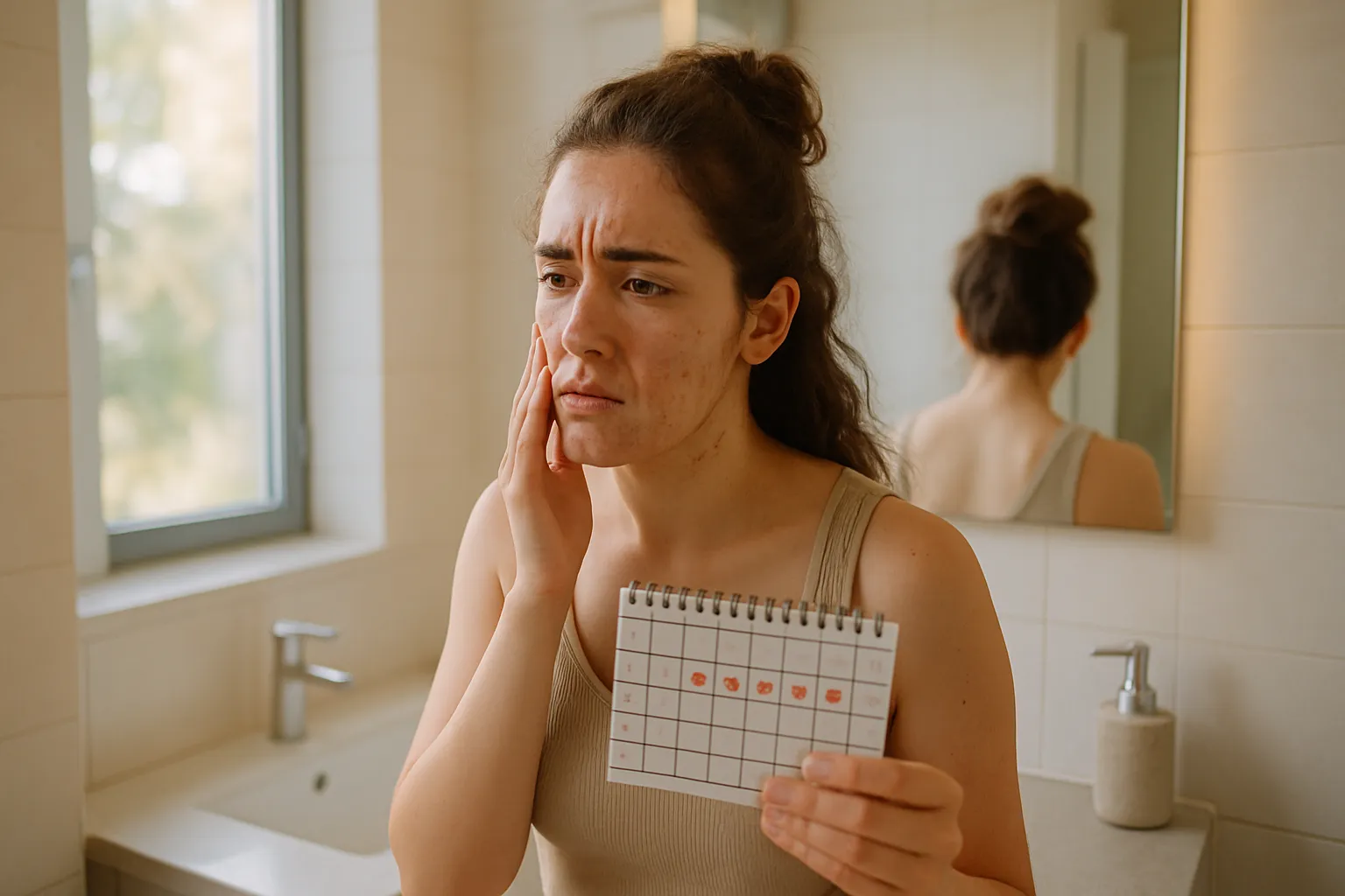 Mulher jovem frustrada observando sintomas de PCOS no espelho, representando os desafios da síndrome dos ovários policísticos e resistência à insulina antes do tratamento adequado