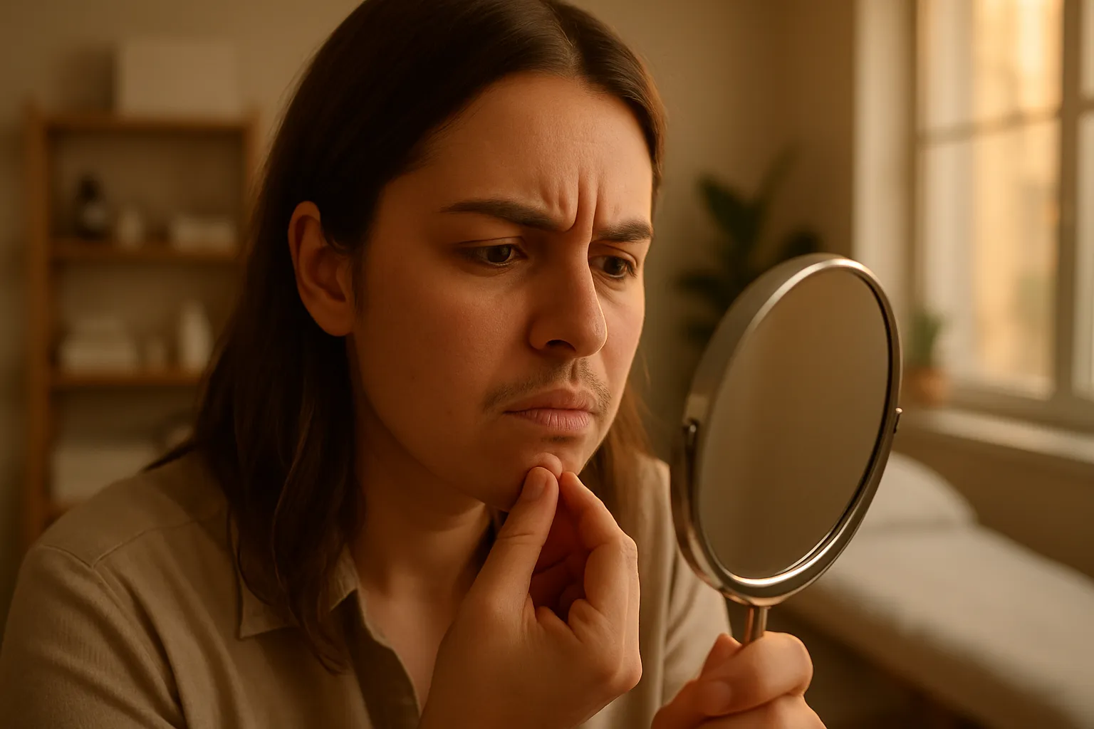 Mulher examinando crescimento excessivo de pelos faciais escuros no queixo e buço, demonstrando a realidade do hirsutismo
