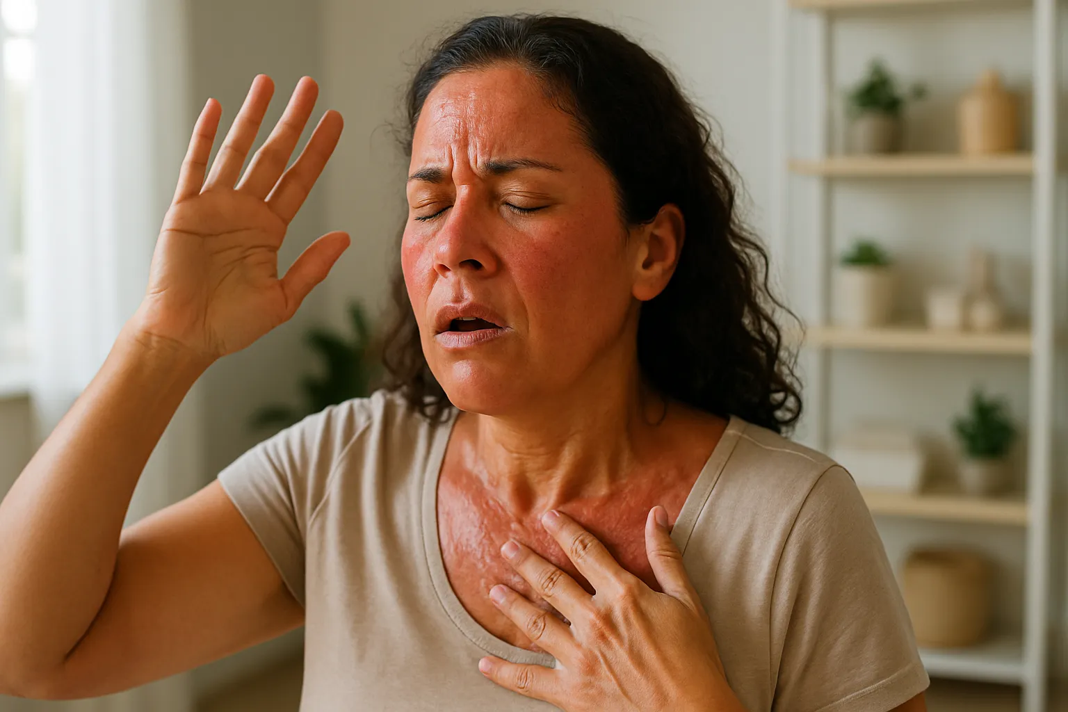 Mulher na faixa dos 40 anos experienciando onda de calor característica da perimenopausa, com rosto ruborizado e expressão de desconforto