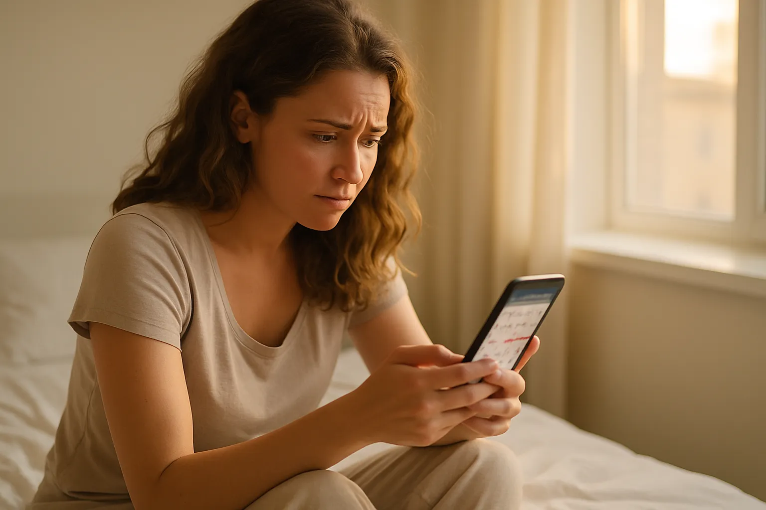 Mulher preocupada revisando aplicativo de rastreamento do ciclo menstrual mostrando fase lútea curta e ciclos irregulares