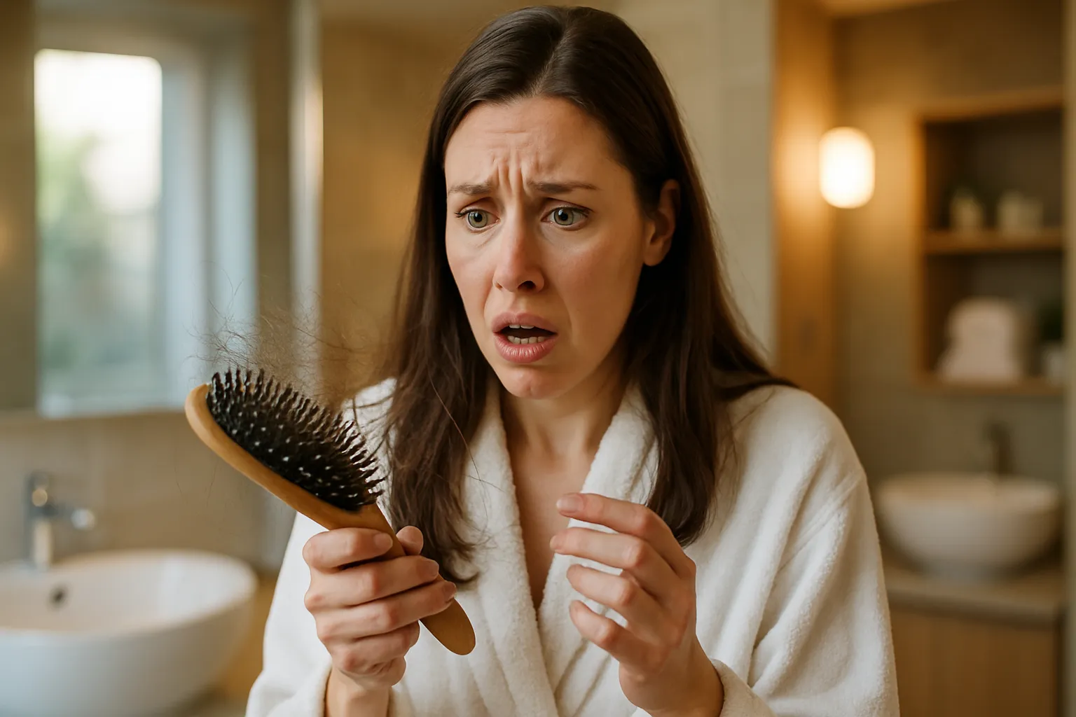 Mulher preocupada observando queda excessiva de cabelo na escova, ilustrando os sintomas de deficiência de ferro e ferritina baixa