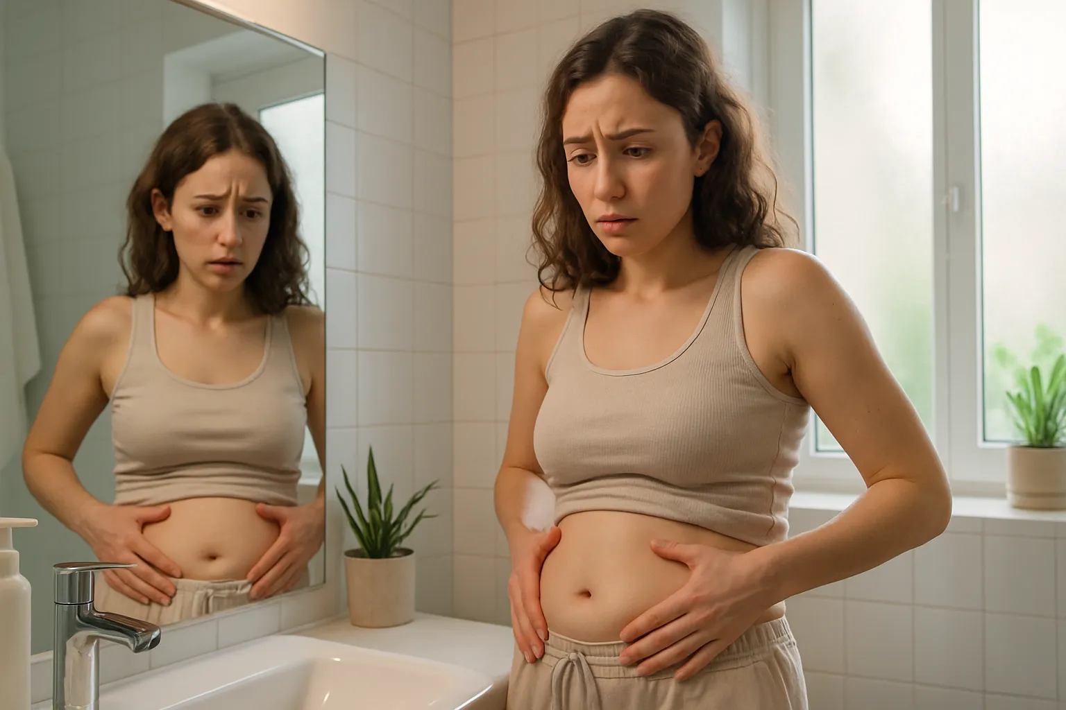 Mulher observando sintomas de retenção de líquidos e desequilíbrio hormonal em casa, representando dominância estrogênica