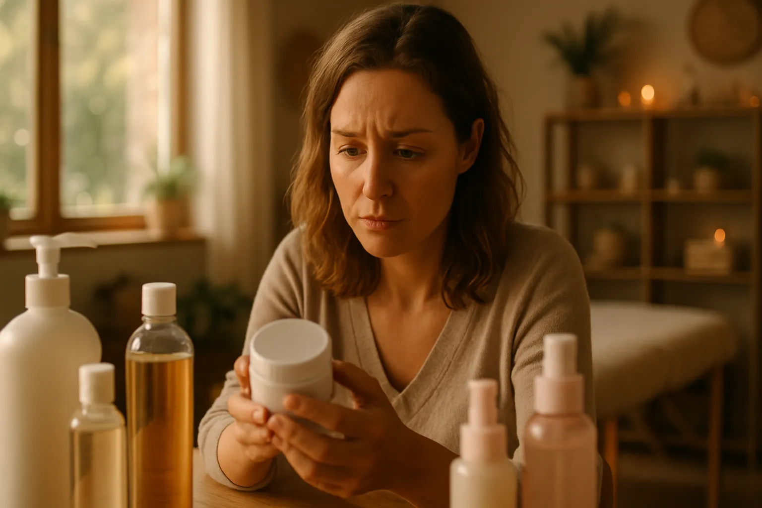 Mulher preocupada examinando rótulos de produtos plásticos domésticos em sua cozinha, verificando presença de xenoestrogênios e disruptores endócrinos